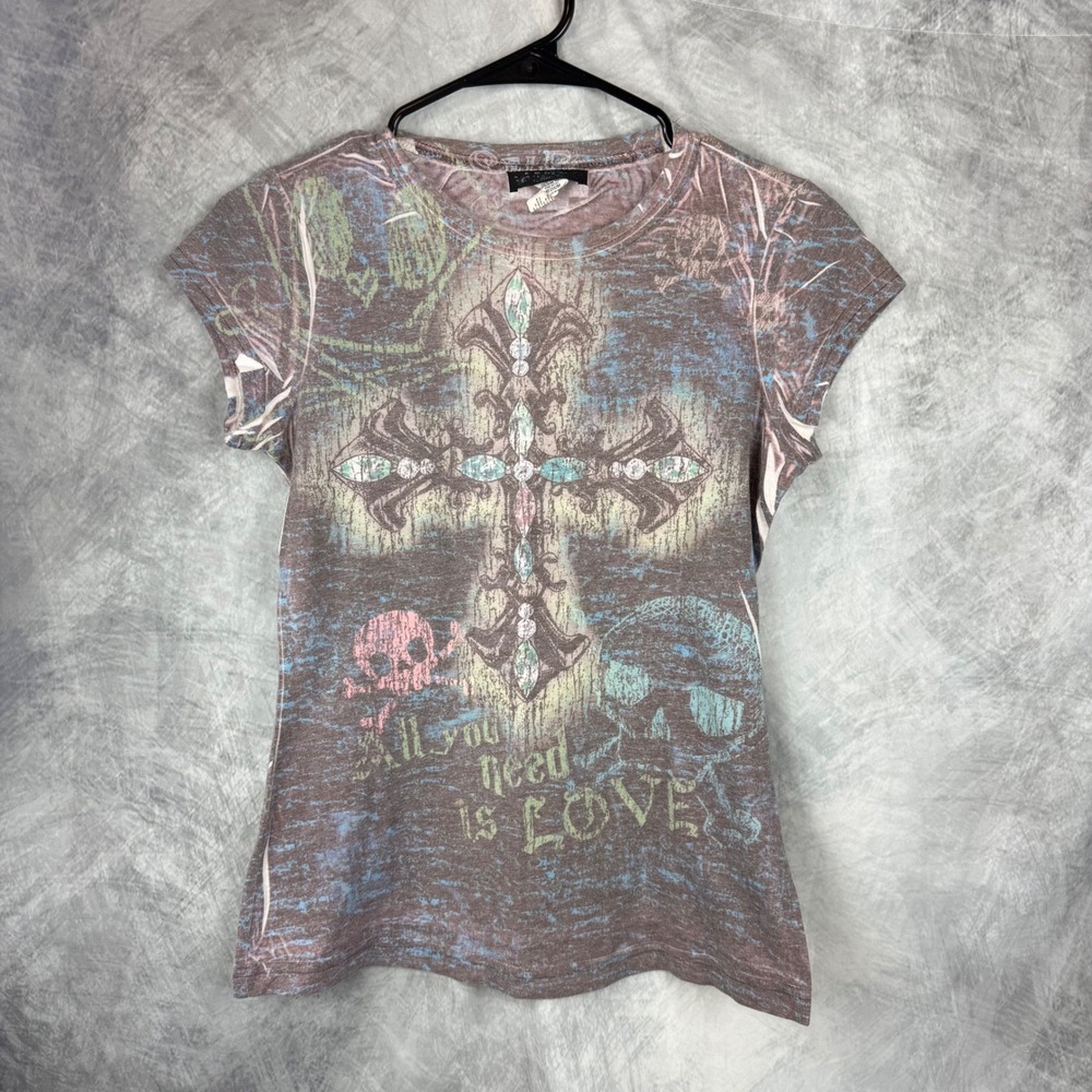 Self Esteem Y2K Graphic Tee Brown Blue Cross Skull Love Distressed Burnout Med